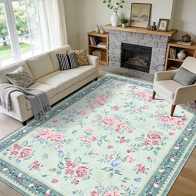 Modern Floral Bordered Area Rug Machine Washable Non Slip Low Pile Floor Mat for Bedroom Kitchen