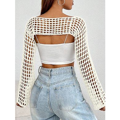 Women's Long Sleeve Crochet Lightweight Cropped Sweater Cover Up