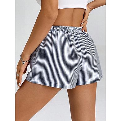 Womens Striped Elastic High Waist Drawstring Shorts Wide Leg Lounge Casual Summer Short Pants