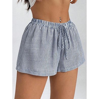 Womens Striped Elastic High Waist Drawstring Shorts Wide Leg Lounge Casual Summer Short Pants