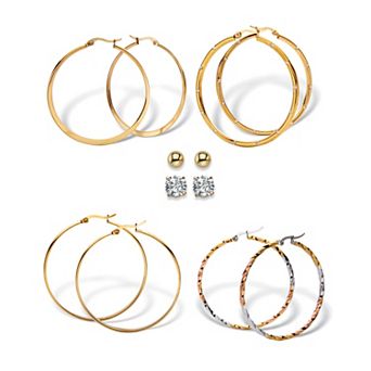 4 ct w. 6-Pair CZ Stud & Hoop Set Goldtone & Gold Ion Plated Stainless Steel