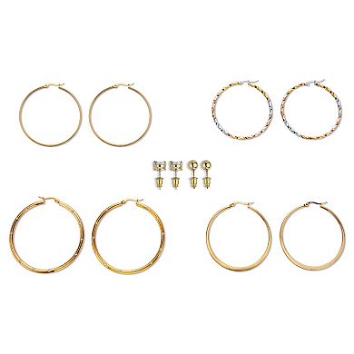 4 Cttw. 6-Pair CZ Stud & Hoop Set Goldtone & Gold Ion Plated Stainless Steel