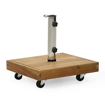 BAOURE Teak Finish Acacia Wood 40 Pound Rolling Square Patio Umbrella Base with Stainless Steel Tube