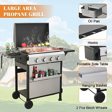 49200 BTU 4-Burner Portable Gas Grill, Stainless Steel Propane Grill, Foldable Side Table, Basket