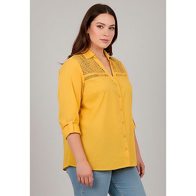Avenue Women's Plus Size Long Sleeve Lace Detail Shirt