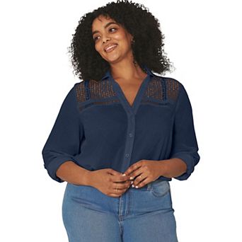 Avenue Women's Plus Size Long Sleeve Lace Detail Shirt