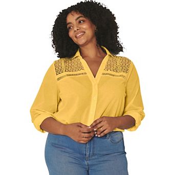 Avenue Women's Plus Size Long Sleeve Lace Detail Shirt