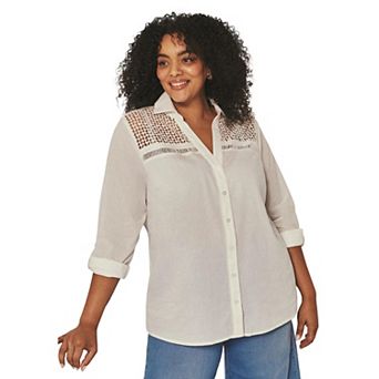 Avenue Women's Plus Size Long Sleeve Lace Detail Shirt