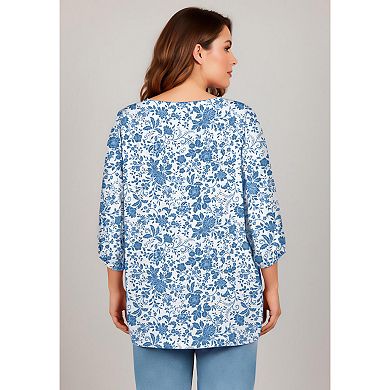 Avenue Women's Plus Size Lace Neckline Peasant Blouse