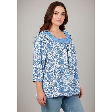 Avenue Women's Plus Size Lace Neckline Peasant Blouse