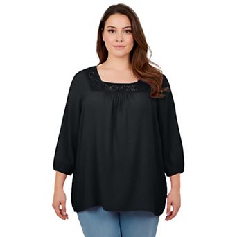 Avenue Women's Plus Size Lace Neckline Peasant Blouse