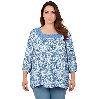 Avenue Women's Plus Size Lace Neckline Peasant Blouse