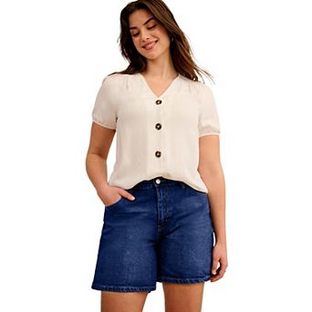 Ellos Plus Size Stretch Denim 5-Pocket High Waisted Relaxed Mom Shorts