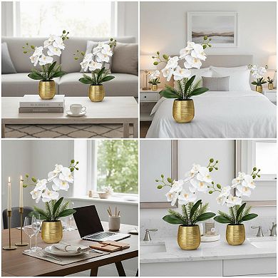 KSIZUIS 2 White Phalaenopsis Faux Orchids in Ceramic Vase, 13in, for Home Office Wedding