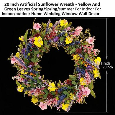 20 Inch Artificial Sunflower Wreath Spring Summer Indoor Outdoor Home Wedding Wall Decor