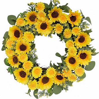 20 Inch Artificial Sunflower Wreath Spring Summer Indoor Outdoor Home Wedding Wall Decor