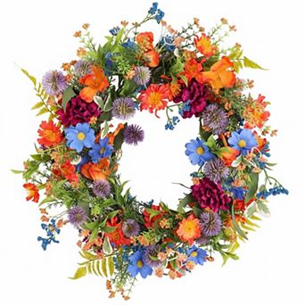 20 Inch Colorful Wildflower Spring Summer Wreath Green Leaves, Artificial Front Door Home Decor