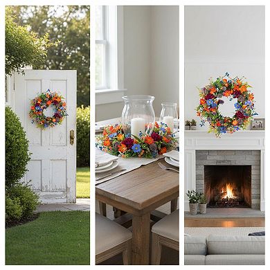 20 Inch Colorful Wildflower Spring Summer Wreath Green Leaves, Artificial Front Door Home Decor