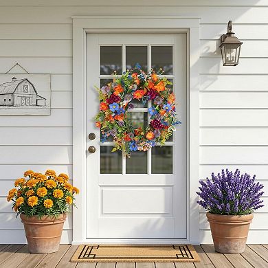 20 Inch Colorful Wildflower Spring Summer Wreath Green Leaves, Artificial Front Door Home Decor
