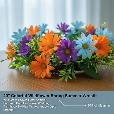 20 Inch Colorful Wildflower Spring Summer Wreath Green Leaves, Artificial Front Door Home Decor
