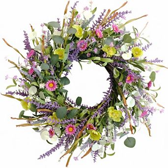 20 Inch Spring Summer Flower Artificial Front Door Wreath  Everyday Greenery Eucalyptus Indoor