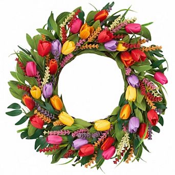 Artificial Spring Summer Wreath Tulip Eucalyptus Lavender Front Door Farmhouse Decor
