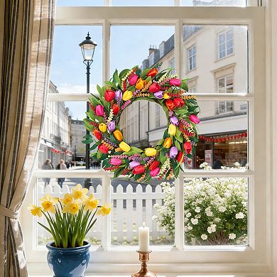 Artificial Spring Summer Wreath Tulip Eucalyptus Lavender Front Door Farmhouse Decor