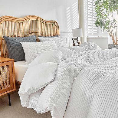 Waffle Weave King Duvet Cover Set with 2 Pillowcases - Breathable Microfiber