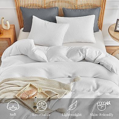 Waffle Weave King Duvet Cover Set with 2 Pillowcases - Breathable Microfiber