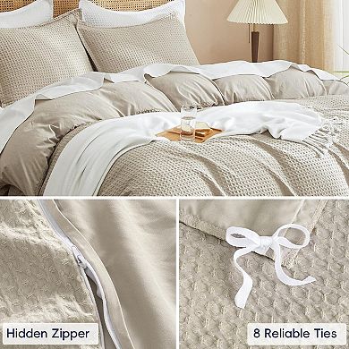 Ultra Soft Waffle Duvet Set - 3D Design, No Snagging, 8 Ties & Zipper, 3-Piece