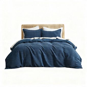 Ultra Soft Waffle Duvet Set - 3D Design, No Snagging, 8 Ties & Zipper, 3 pc