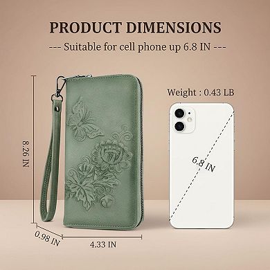 KSIZUIS Womens RFID Embossed Leather Large Capacity Wristlet Wallet