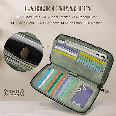 KSIZUIS Womens RFID Embossed Leather Large Capacity Wristlet Wallet