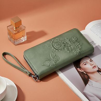 KSIZUIS Womens RFID Embossed Leather Large Capacity Wristlet Wallet