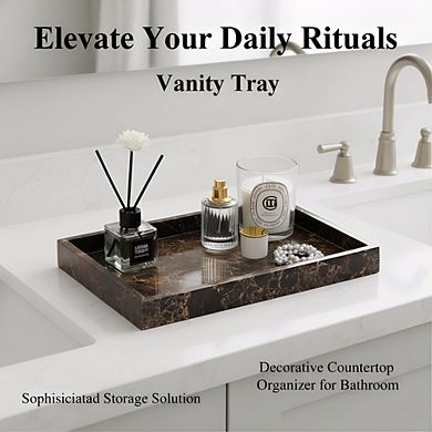 KSIZUIS Natural Marble Tray 12x8" Dark Brown Stone Organizer for Bathroom Kitchen Table Decor