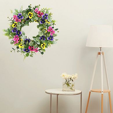 Artificial Spring Summer Wreath with Pansies, Lamb Ear, Eucalyptus Front Door Indoor Outdoor
