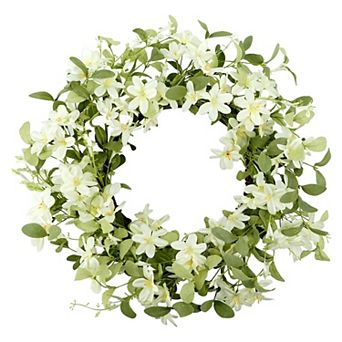 Artificial Spring Summer Wreath with Pansies, Lamb Ear, Eucalyptus Front Door Indoor Outdoor