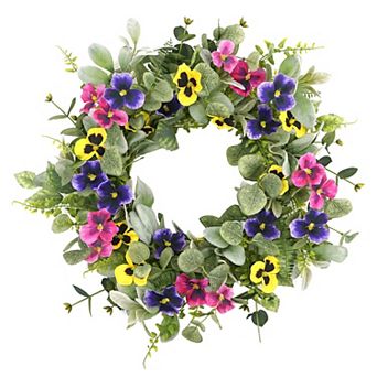 Artificial Spring Summer Wreath with Pansies, Lamb Ear, Eucalyptus Front Door Indoor Outdoor