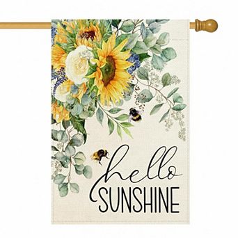 Hello Sunshine Spring House Flag Sunflower Bee Eucalyptus Double Sided Burlap Summer Yard Decor