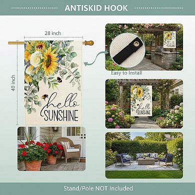 Hello Sunshine Spring House Flag Sunflower Bee Eucalyptus Double Sided Burlap Summer Yard Decor