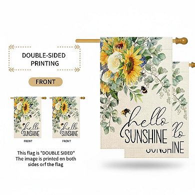 Hello Sunshine Spring House Flag Sunflower Bee Eucalyptus Double Sided Burlap Summer Yard Decor