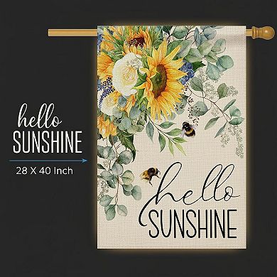 Hello Sunshine Spring House Flag Sunflower Bee Eucalyptus Double Sided Burlap Summer Yard Decor