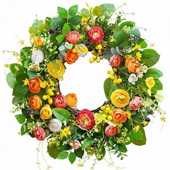 24 Inch Spring Summer Wreath Front Door Outdoor Lotus Berries All Season Home Wall Wedding Farmhouse