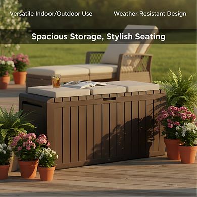 KSIZUIS 71 Gal Resin Outdoor Storage Box Brown Weatherproof Deck Box