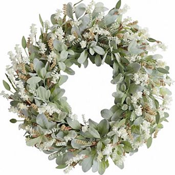 24 Inch Summer Spring Flowers Wreath Front Door Everyday Lamb Ears Leaves White Artificial Indoor