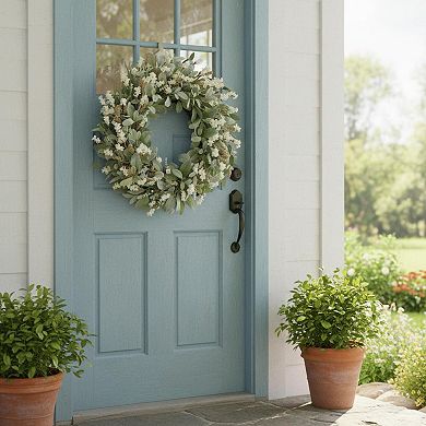 24 Inch Summer Spring Flowers Wreath Front Door Everyday Lamb Ears Leaves White Artificial Indoor
