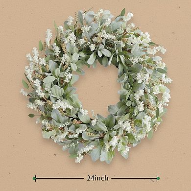 24 Inch Summer Spring Flowers Wreath Front Door Everyday Lamb Ears Leaves White Artificial Indoor