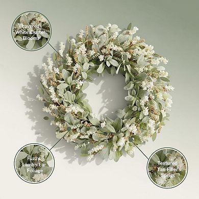 24 Inch Summer Spring Flowers Wreath Front Door Everyday Lamb Ears Leaves White Artificial Indoor