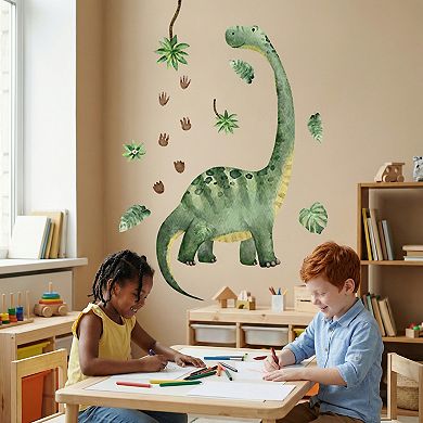 Dinosaur and Plant Pattern, Waterproof, Peel and Stick, Watercolor for Nursery 35.4"x11.8"