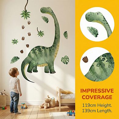 Dinosaur and Plant Pattern, Waterproof, Peel and Stick, Watercolor for Nursery 35.4"x11.8"